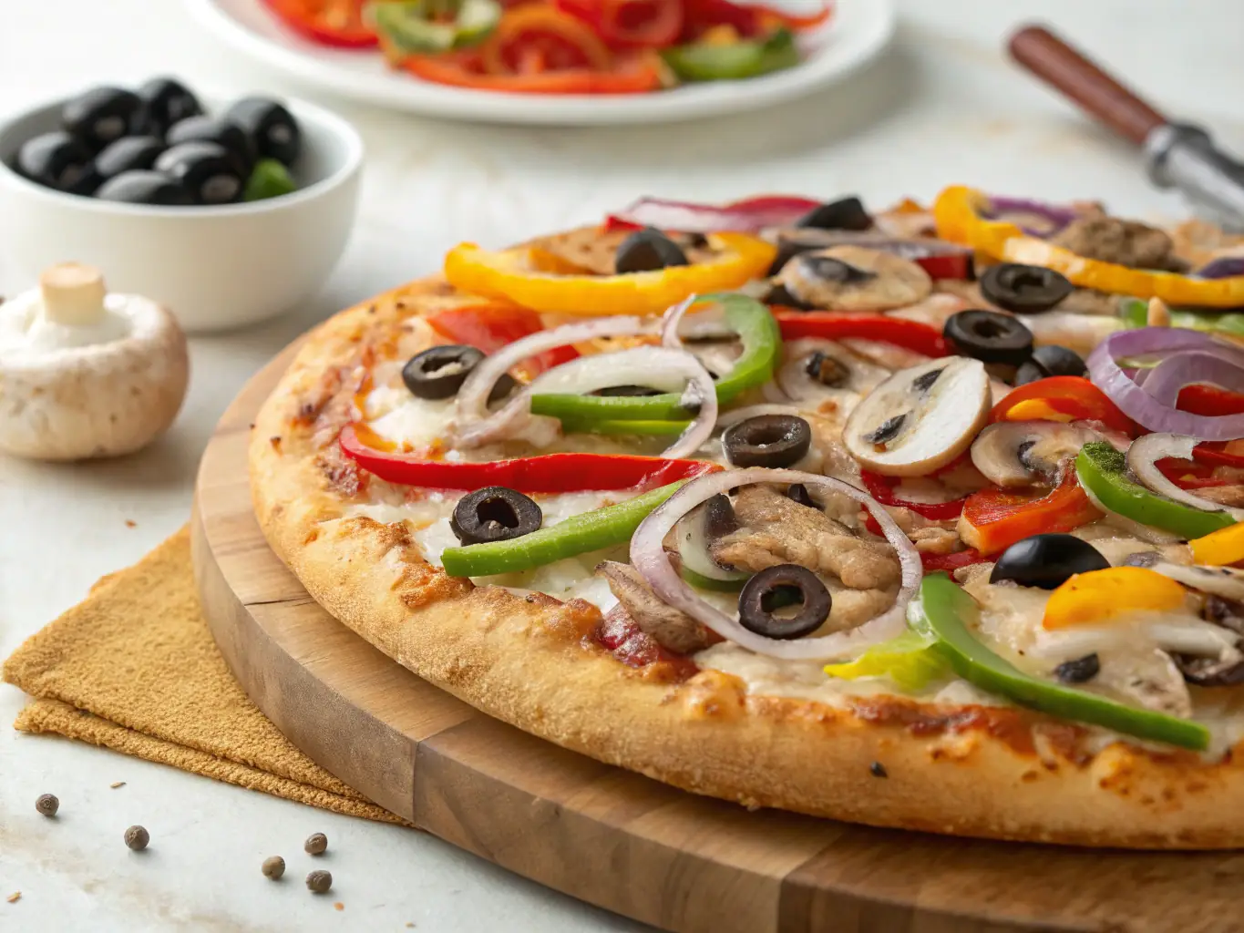 A vibrant image of a Freshslice Pizza Veggie Supreme, loaded with colorful vegetables such as bell peppers, onions, mushrooms, and olives.