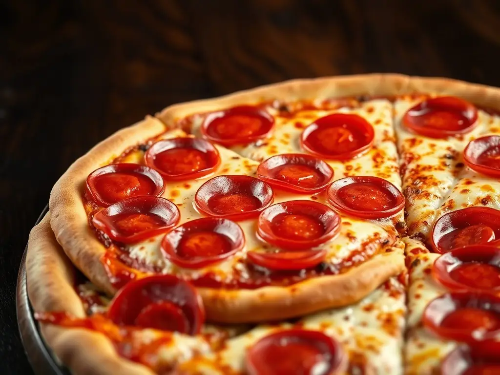 A close-up shot of a classic pepperoni pizza with melted cheese and crispy pepperoni slices, showcasing the traditional and comforting flavors.