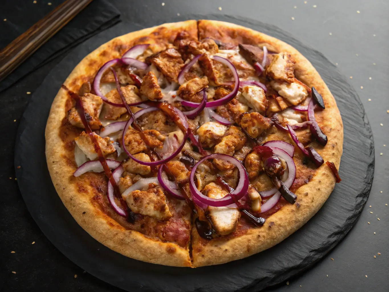 A visually appealing image of a specialty pizza with unique toppings such as BBQ chicken, pineapple, and bacon, showcasing the innovative and bold flavor combinations.