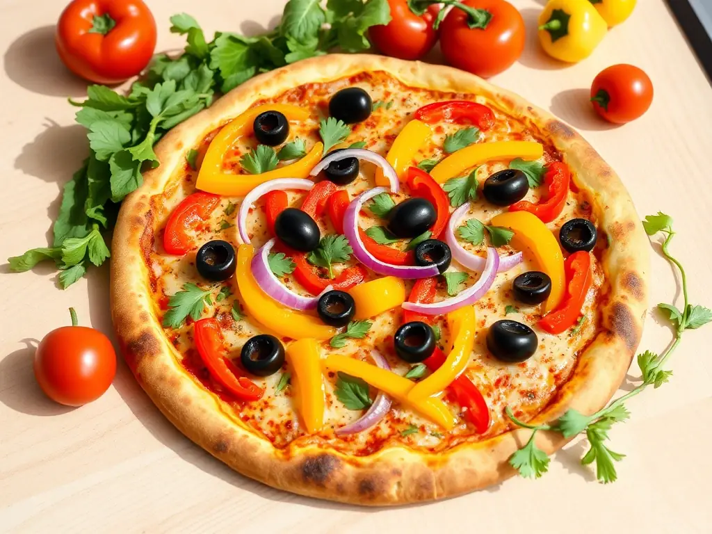 A vibrant image of a gourmet veggie pizza with colorful vegetables like bell peppers, mushrooms, olives, and spinach, highlighting the fresh and healthy ingredients.