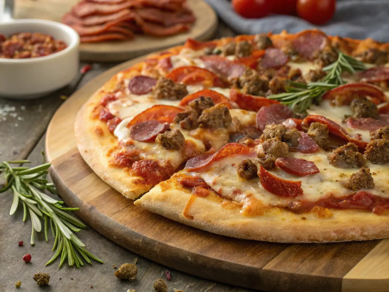 A mouthwatering image of a Freshslice Pizza Meat Lovers, piled high with pepperoni, sausage, bacon, and ham on a rich tomato sauce base.